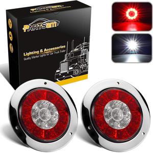 Partsam 2Pcs 4" Inch Round LED Trailer Tail Lights White Red Taillights Flange Mount 16 LED DC 12V Sealed Waterproof Stop Brake Tail Running Reverse Backup Lights Lamps for RV Trailer Trucks