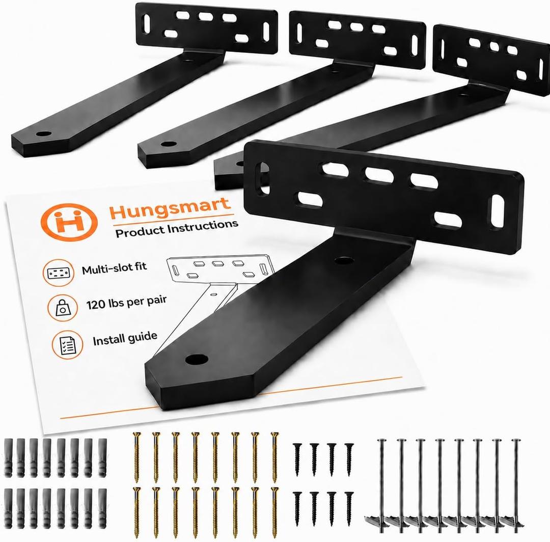 4 x Heavy Duty L Shelf Brackets with Triangle Gusset (8.5" D x 5" W x 1 1/4" H) Black, 6mm Thick Steel Wall Brackets for Floating Shelves, Mantel and Open Shelving, Hardware Included