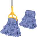Commercial Mop with Extra Head Replacement, 63Inch Handle Heavy Duty Industrial Mop Looped-End String Wet Mops for Floor Cleaning for Warehouse, Workshop, Garage, Office, Home (2 Mops Head)