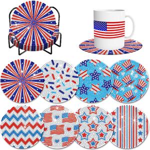 8 Pieces Patriotic Diamond Coasters with Holder DIY Cute 4th of July Diamond Art Coasters 5d Independence Day 5d Diamond Coasters for Beginners Adults Art Craft Supplies Gift