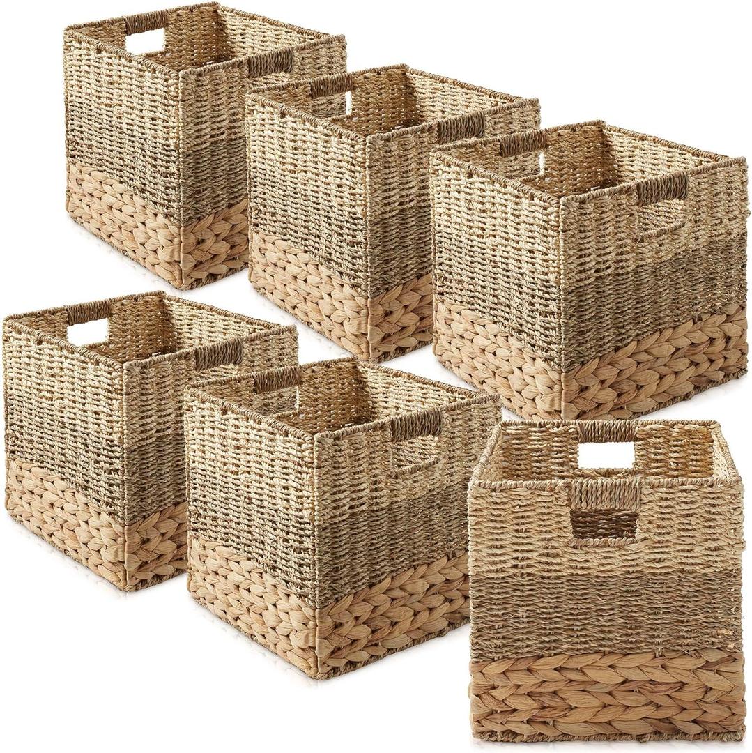 Casafield 12" x 12" Mixed Weave Storage Baskets, Natural - Set of 6 Woven Hyacinth Seagrass Wicker Storage Cube Bins for Bathroom, Bedroom, Laundry, Pantry, Shelves