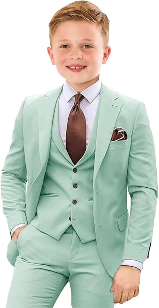 Boys Suit 4 Piece Slim Fit Kids Tuxedo Suit Formal Wedding Outfit Blazer Vest Pants Set with Tie 6Y