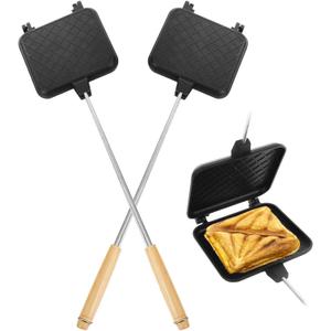 2PCS Campfire Sandwich Maker with Removable Long Handle, Non-Stick Pie Iron Sandwich Toaster, 23.6" Length Cast Aluminum Toaster for Home BBQ Camping Grilling Outdoor Cooking