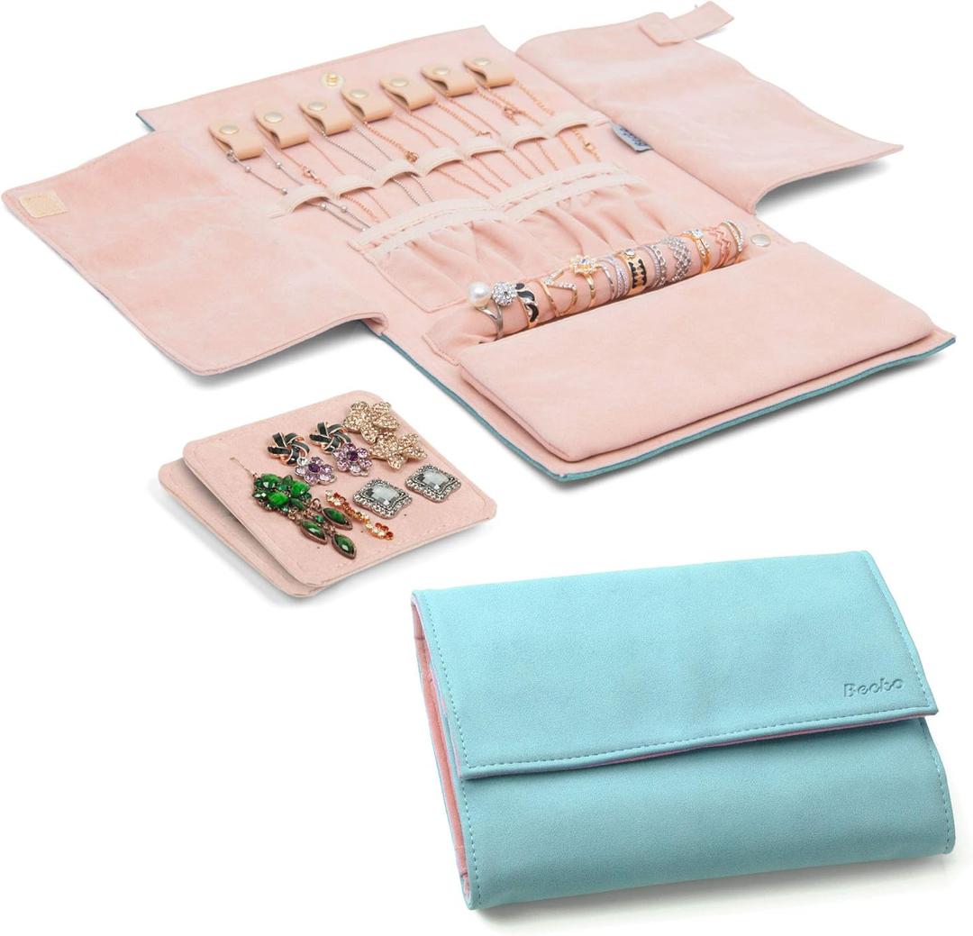 Becko US Jewelry Organizer Roll Travel Jewel Bag case for Multiple Necklaces, Rings, Bracelets, Supple Leather & Suede, Large Capacity Without Crease, Lightweight, Portable & Practical (Blue)