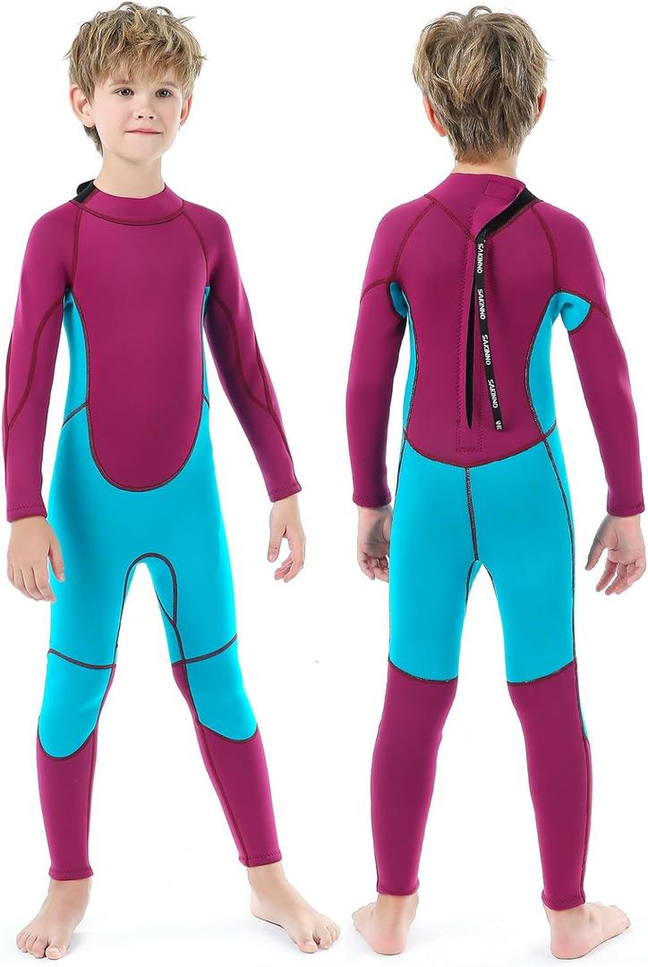 Kids Full Wetsuit Toddler Boys Girls and Youth 2.5mm 3mm Neoprene Child Wet Suit Back Zipper Thermal Swimsuits for Diving Surfing Swimming Water Sprot (X-Large, 2.5mm Purple with Blue)