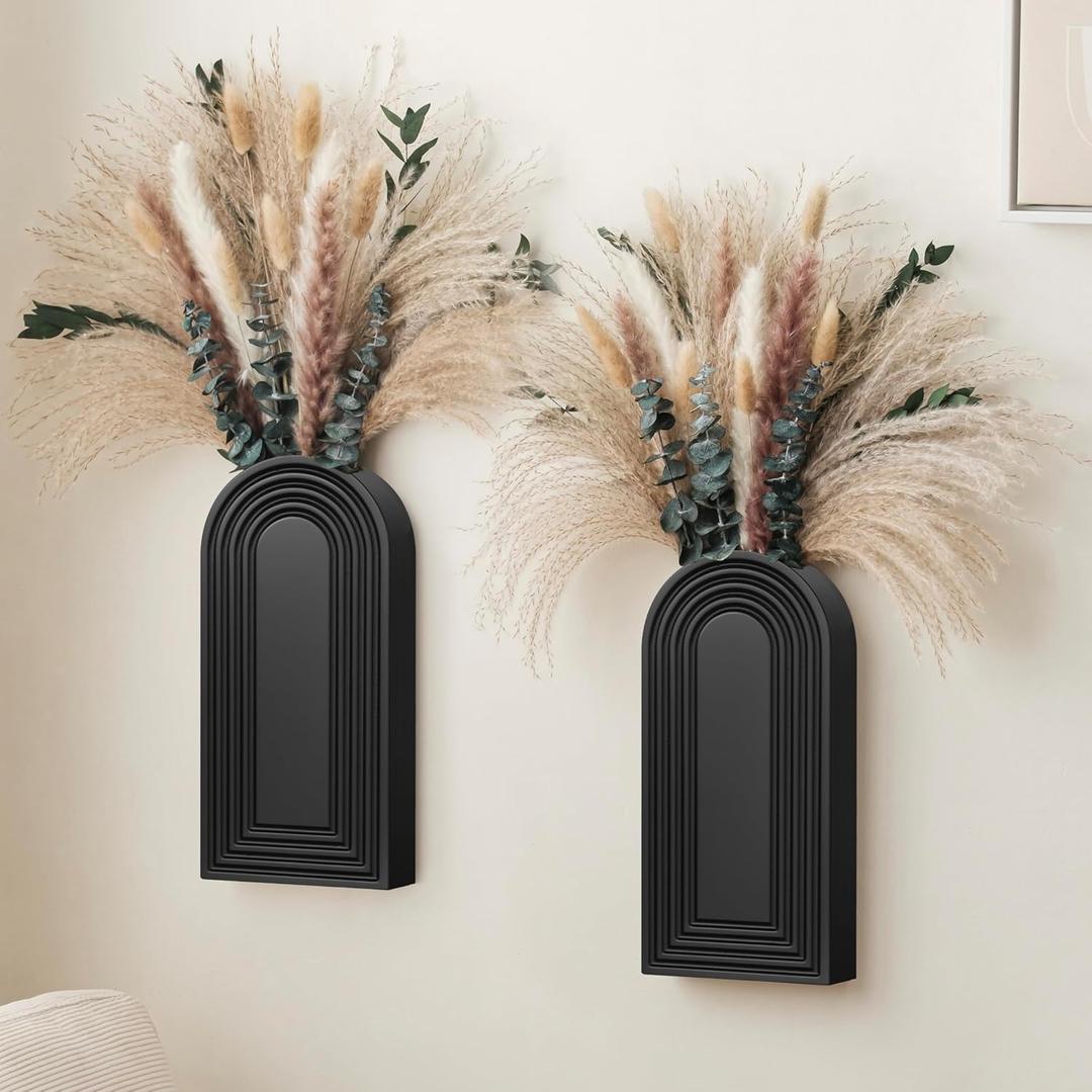 2 Pack Wooden Wall Vase Set with Pampas Grass Eucalyptus, Modern Farmhouse Boho Wall Decor for Living Room, Entryway, Hallway, Bathroom, Dining Room, Black Wall Art for Home Decoration, Medium