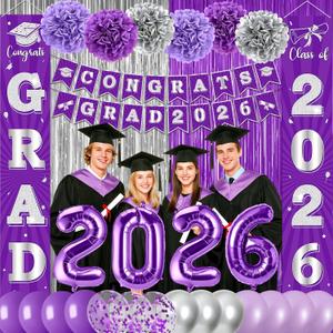 Purple and Silver Graduation Party Decorations Class of 2026 Purple Silver Graduation Decorations Set Include Congrats Grad 2026 Banner Balloon Foil Fringe Curtain Paper Pompom for College High School