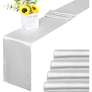ANECO 4 Pack Satin Table Runner 12 x 108Inch Long Bright Silk and Smooth Fabric Party Table Runner for Wedding Banquet Party Decoration-Light Silver