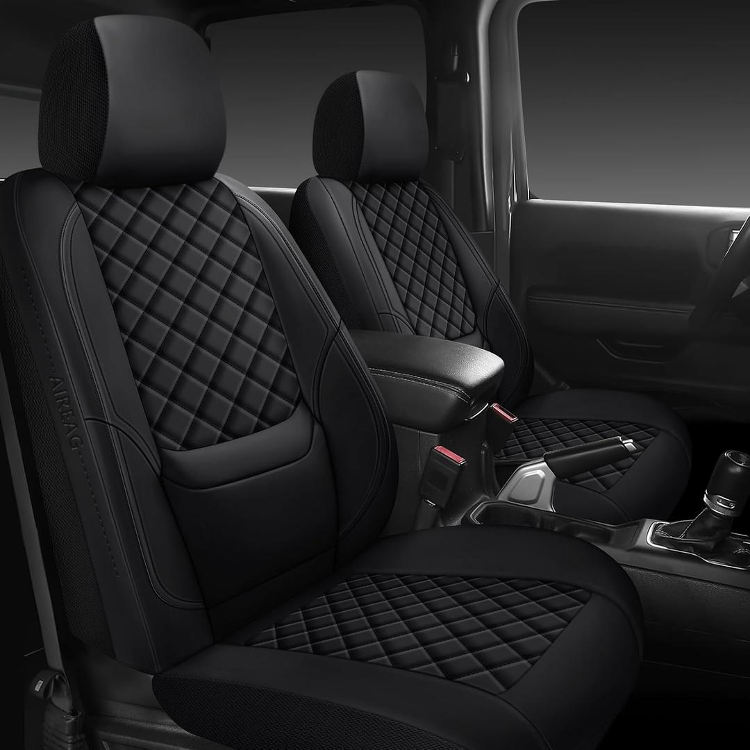 Wrangler Seat Covers 2007-2026 Front Pair, Waterproof Leather Interior Sets with Lumbar Support Custom Fit for Jeep Wrangler JK JL 2/4 Door Unlimited Sahara/Sport/Rubicon X 392 Willys, Black