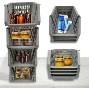 TidyFriend Small Plastic Stackable Storage Bins for Pantry,4 Pack Open Front Storage Bins,Toy Organizers, Kitchen, Bathroom Essentials (Dark Grey)