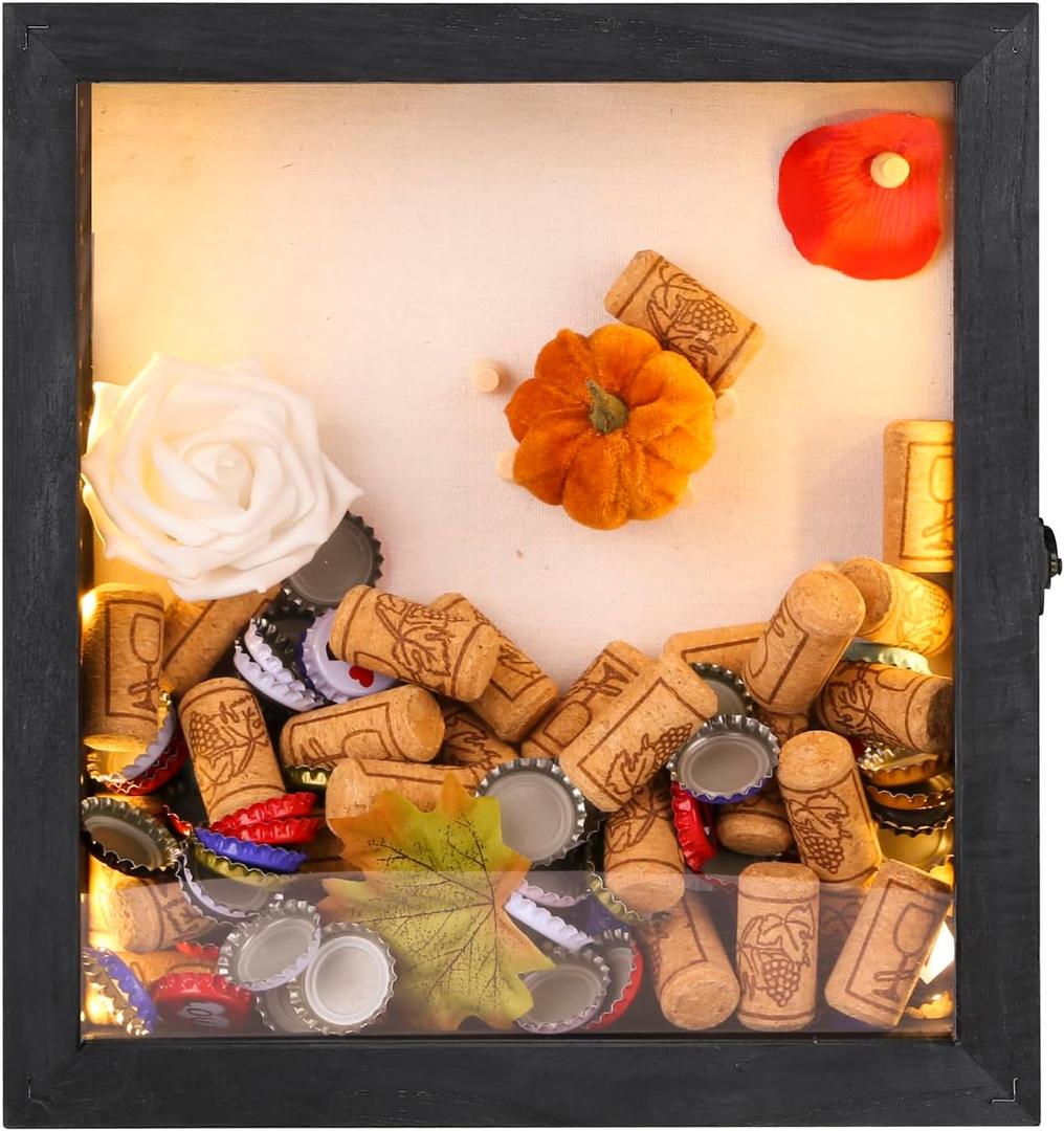 Romingo LED Shadow Box Frame 11x12'' Wine Cork Holder Display Case with Lights Memory Box for Keepsakes Memorabilia Awards Bouquet Photos Black