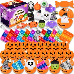 48 Halloween Toys Pack with Pumpkin Box, Halloween Party Favors Gifts for Kids, Squishy Mochi Toys in Bulk with Bubble Push it Keychain, Halloween Treat Bags Fillers, Trick or Treat Classroom Prizes