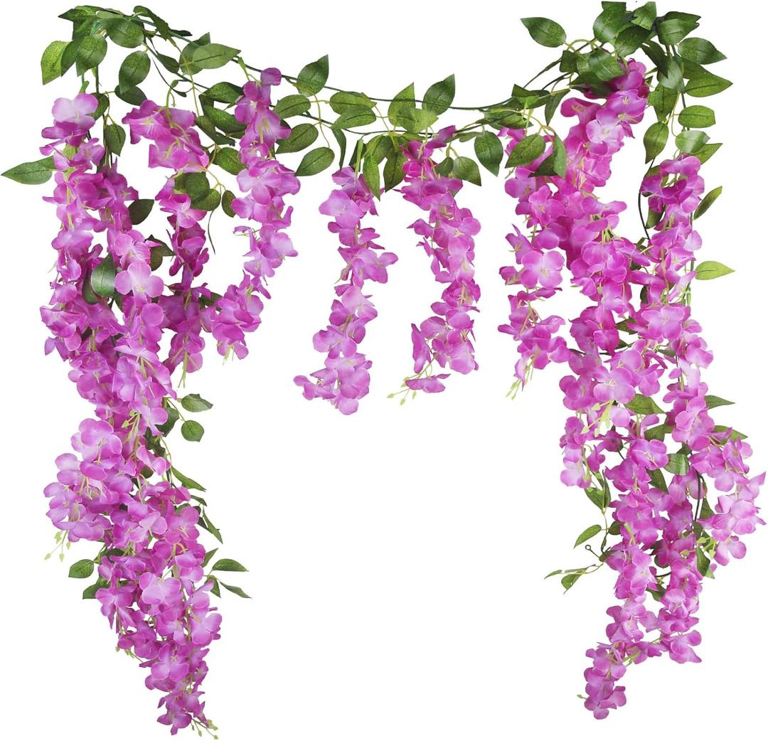 CISDUEO 2 Pcs Wisteria Hanging Flowers Wisteria Flowers Vine Garland Wedding Arch Decoration Purple Red Artificial Wisteria Vines Hanging Flower Vines Silk for Party Garden Home Table Backdrop 7 Feeto