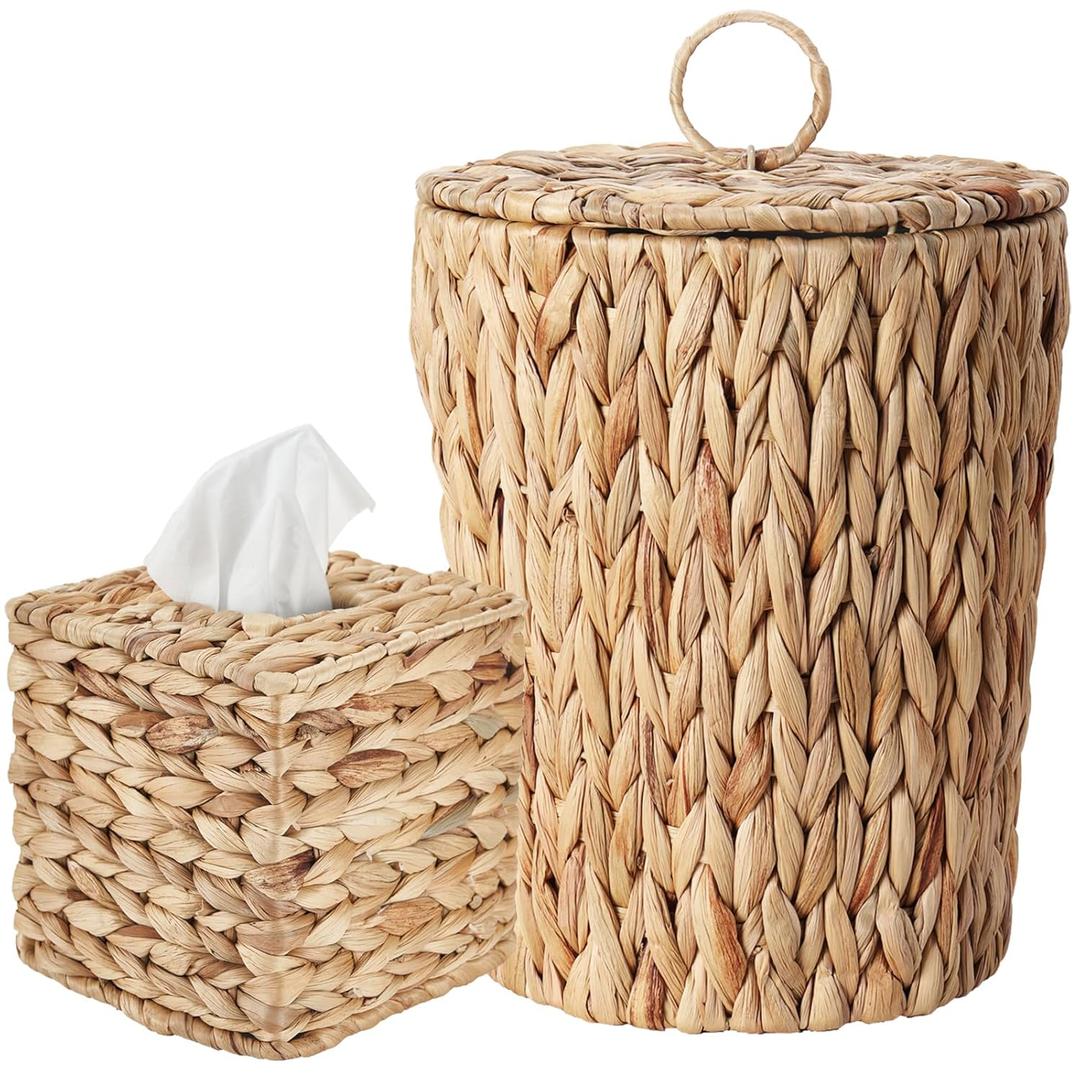 2.6 Gallon Wicker Trash Can with Lid and Square Wicker Tissue Box Cover, Boho Decorative Handwoven Water Hyacinth Rattan Bedroom Bathroom Living Room Accessories Decor (Natural)