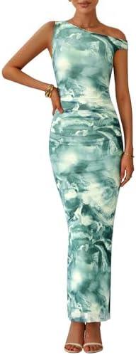 PRETTYGARDEN Women's 2025 Summer Floral One Shoulder Maxi Dress Wedding Guest Ruched Mesh Bodycon Long Cocktail Dresses, Size: Small