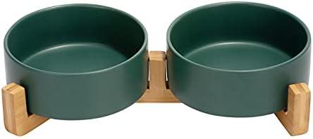 Ceramic Dog and Cat Bowl with Wood Stand Non-Slip Matte Glaze Weighted Food Water Set for Cats &Small Dogs Green