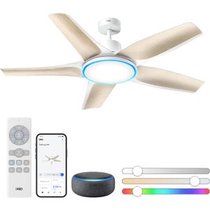 DREO Smart Ceiling Fans with Lights, Low Profile Ceiling Fan with Alexa/App, 52'' Dimmable Lighting & Color Tuning, RGB Ambient Light for Living Room, Game Room, Easy Installation, Quiet, White