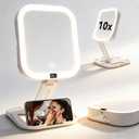 Makeup Mirror with Lights 10X/1X, Magnifying Mirror with 3 Color Modes & Stepless Dimming, Rechargeable Travel Mirror with Smart Battery Display & Touch Control, Type-C Portable Folding for Women Gift