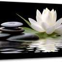 LZIMU Zen Canvas Wall Art White Lotus and Black Zen Stones Bloom in Water Picture Prints for Yoga Spa Meditation Spiritual Room Bathroom Decor (Zen-1, 12"x18")