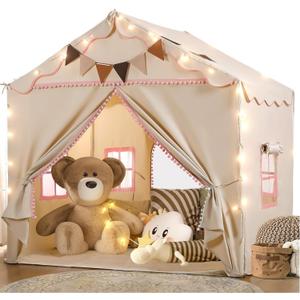 Treestone 2 Doors Kids Play Tent with Padded Mat & Light, Large Tent for Toddler with 4 Windows,Kids Playhouse Outdoor & Indoor, Toy Gift, 51" x 39" x 53" (Pink)