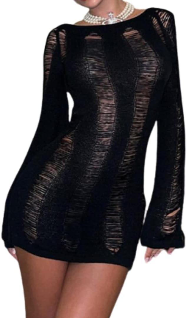 Long Sleeve Dress for Women Sexy Y2k Dress Bodycon Dresses for Women Sexy Dresses for Women (Large, Black)