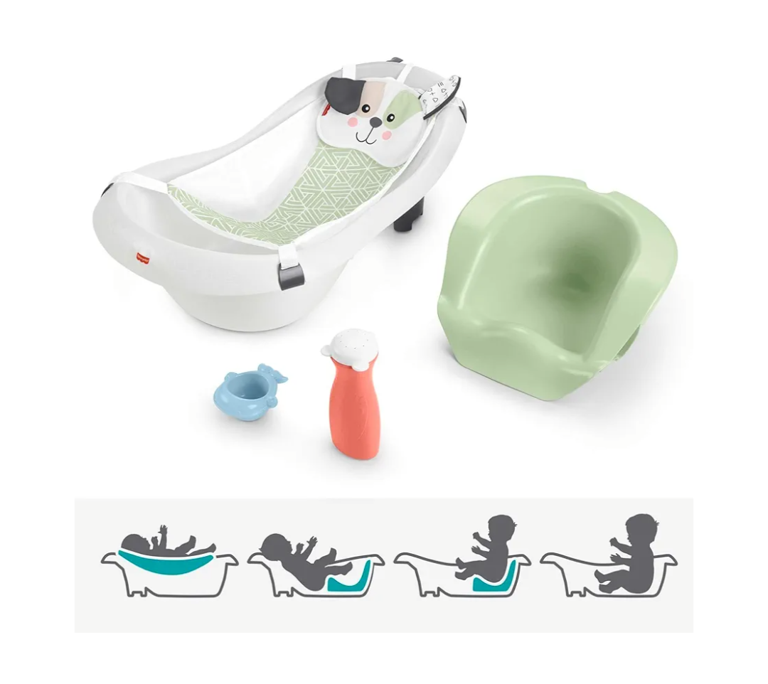 Fisher-Price Baby to Toddler Bath 4-in-1 Sling ‘n Seat Tub with Removable Infant Support and 2 Toys, Puppy Perfection