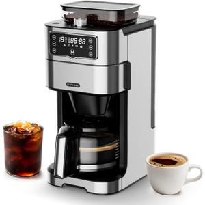 Drip Coffee Maker with Built-in Grinder, 10-Cup Coffee Machine with 24-Hour Delay Timer, Touch Screen, Self-Cleaning, Reusable Filter, 1.5L Removable Water Tank, Warming Plate, Silver