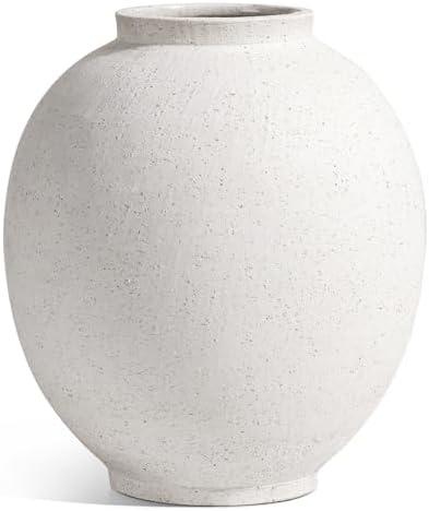 Large White Ceramic Vase - 9.8 Inch Rustic Farmhouse Vase for Home Decor, Minimalist Tall Vases for Living Room, Table, Bathroom, Holiday & Weddings (Sandstone White)