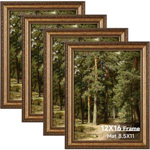 12x16 Gold Vintage Picture Frame Set of 4, Antique Bronze Picture Frames for Wall or Tabletop, 12 x 16 Ornate Photo Frame with Real Glass, Display 8.5x11 Poster with Mat or 16x12 without Mat, 4 Pack