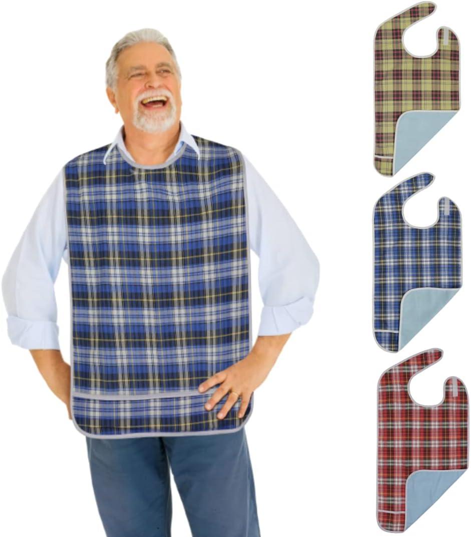Modaliv 3-Pack Adult Bibs  Waterproof, Reusable Eating Aprons with Crumb Catcher, Machine Washable Clothing Protectors for Seniors, Elderly & Special Needs