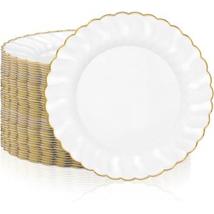 Hushee 100 Pcs Plastic Plates with Gold Trim 6'' Small Round Disposable Vintage Dessert Plates for Party Birthday Buffet Wedding Catering Celebration Reception (White)