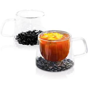Double Walled Glass Coffee Mugs, Floating Coffee Bean Illusion Cups with Handle, 200ml Borosilicate Glass Mugs Insulated for Hot/Cold Beverages -Espresso, Tea, Latte,Cappuccino, Set of 2
