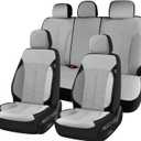 Coverado Full Set Leather Car Seat Covers, Crafted with Full Leather Construction and Carbon Fibre Weave Universal Fit for Most Cars SUV Trucks(Gray
