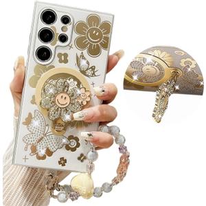 for Samsung Galaxy S25 Ultra Bling Diamond Case with Love Beaded Wrist Strap, Glitter Butterfly Floral Magnetic Cover with Flower Kickstand for Galaxy S25 Ultra RH White