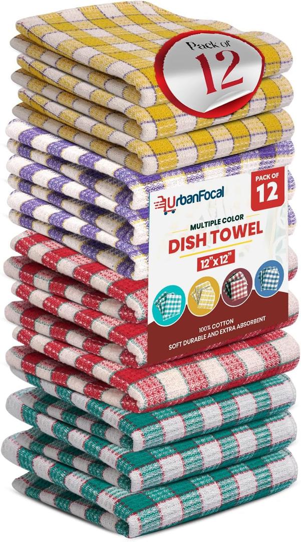 Kitchen Dish Towels 12 Pack - Reusable Ultra Soft Polycotton Dish Cloths for Cleaning Scrubbing Wipe Glass and Household Quick Dry Dish Rag | Multicolor, 12 x 12