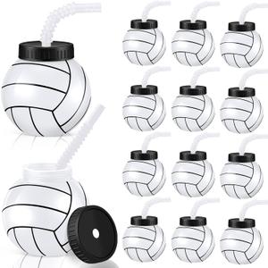 Sumind 12 Pcs 14 oz Volleyball Cups with Straws and Lids Plastic Sports Ball Cups Reusable Water Bottles Volleyball Theme Party Favor for Sports Party Supplies