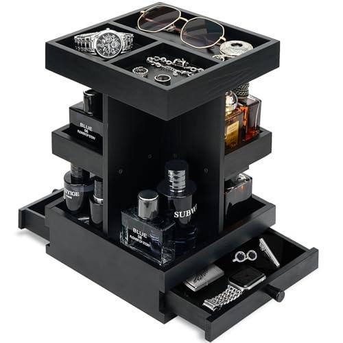 VYNOPA Cologne Organizer for Men with Dual Drawers, Multi-Layer Black Wooden Perfume Organizer Holder and Jewelry Storage – Rotating Fragrance Display Stand for Dresser, Bathroom, or Vanity