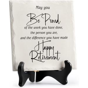 LukieJac Retirement Gifts for Women Men Retirement Party Decoration Best Ceramic Retirement Plaque 6"*6" Happy Retirement Table Decorations Sign for Teacher Nurses Coworker (White)