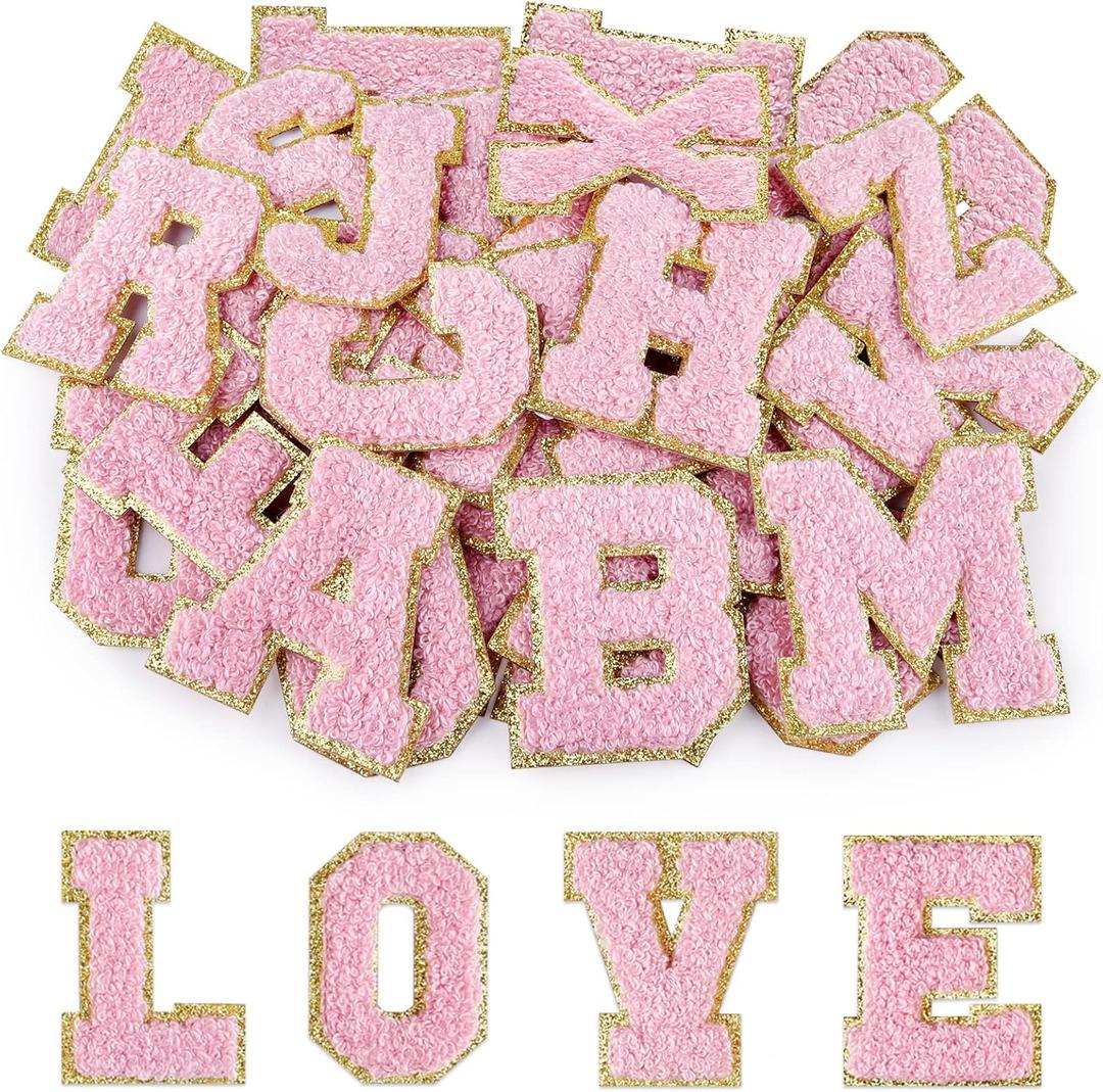 Morcheiong 52Pcs Self Adhesive Chenille Letter Patches A-Z, Chenille Letters for Clothing, Fabric, Shoes, Bags (Light Pink)