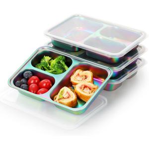 AIEVE Stainless Steel Kids Plates, 4 Pack Stainless Steel Portion Control Plate with Lids for Toddler 3 Compartment Non-Toxic (Rainbow)