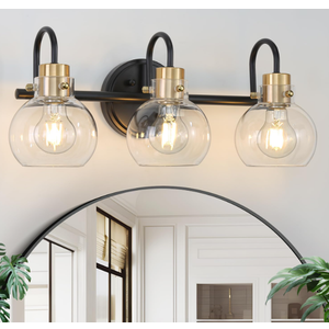 Apenath 3 Lights Bathroom Light, Black Gold Vanity Light Fixture, Wall Sconces with Globe Clear Glass Shade, Farmhouse Wall Mount Lamp for Mirror, Kitchen, Porch, Living Room, Workshop