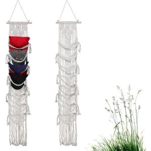2 Pcs Macrame Wall Cap Holder, Boho Hat Organizer,Baseball Hats Rack for Wall Hanging Hat Holder, Caps Rack for Collection Display, Handmade Cap Hanger Storage Organizer for Bedroom Decorations