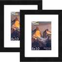 8x10 Picture Frame Set of 2 - Wood Frame with Real Glass, Display 5x7 with Mat or 8x10 without Mat, Photo Frame for Wall or Tabletop Display (Matte Black)