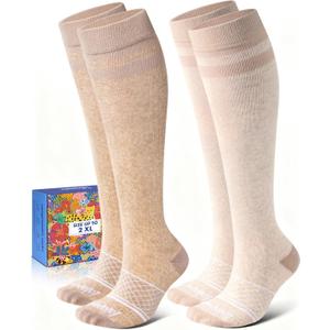 Cotton Compression Socks for Women Men - 2 Pairs 20-30mmHg Circulation Grid Arch Support Socks, Breathable (Small-Medium, Oatmeal & Beige)