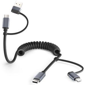 Basesailor for iPhone 17 16 Pro Max Car Charger Cord Coiled 3.3FT,4 in 1 USB C Coil 60W Multi Type C Fast Charging Cable with USB and Lightning Adapter for CarPlay,Apple 15 14 13 12,S26 S25,iPad Air 5