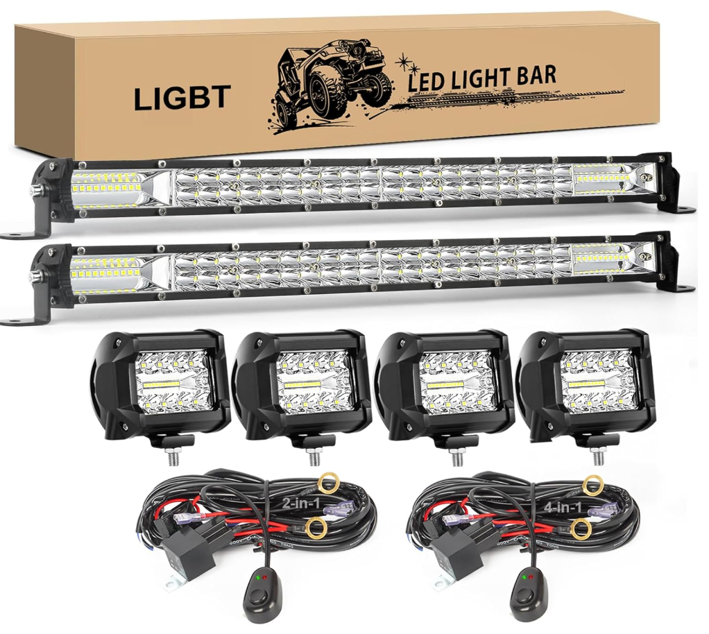 2Pcs 20 Inch 180W Slim LED Light Bar Kits 4PCS LED Pod Lights 4Inch 60W Spot Flood Combo Fog Light Work Light Off Road Driving Lights for Truck ATV Tractor Pickup Cart with 2 Wiring Harness