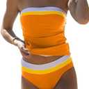 Beachsissi Bandeau Swimsuits for Women Strapless Swimwear Bathing Suits Tummy Control Color Block Tankini Sets Size L