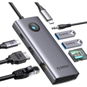 USB C Hub, ORICO 8-in-1 USB C Docking Station with 4K HDMI, 100W Power Delivery, 2 USB Port 5 Gbps, SD&TF, 3.5mm Audio, Gigabit Ethernet Type C Multiport Adapter for Windows Mac (Grey)