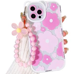 NITITOP Compatible for iPhone 14 Pro Max Case, Cute Floral Bear Camera Lens Case for Women Girls, Soft TPU Shockproof Protective Cover with Lovely Flower Bracelet Chain - Bear Pink