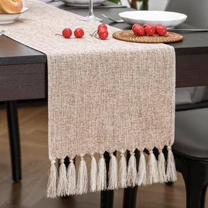 Aofmee Beige Table Runner 72 Inches Long, Burlap Linen Style Rustic Farmhouse Table Runner for Everyday Use, Boho Woven Table Runner with Tassels for Dining Living Room Bedroom Dresser Decor Easy Care